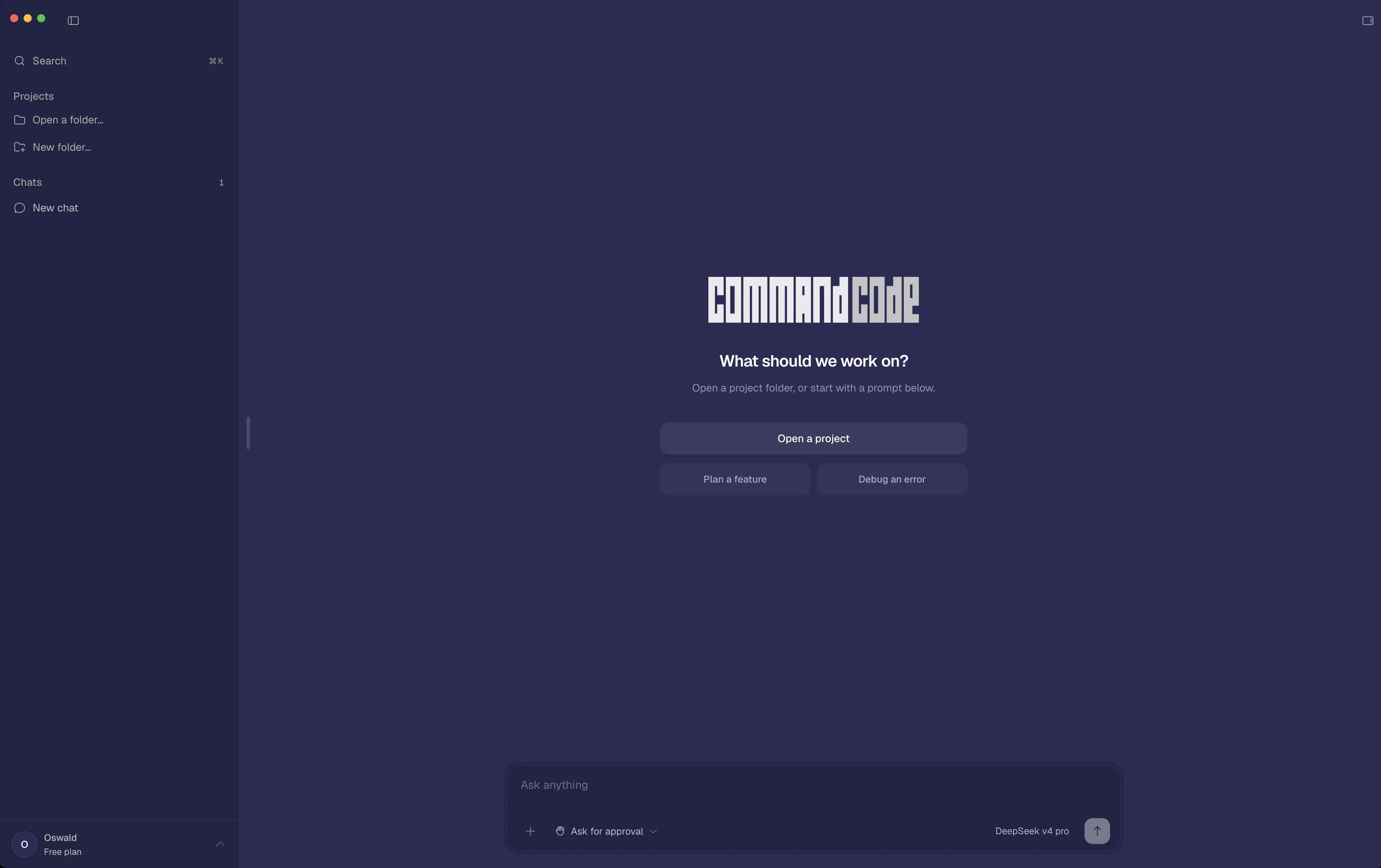 Command Code desktop app home screen with the project sidebar and prompt composer
