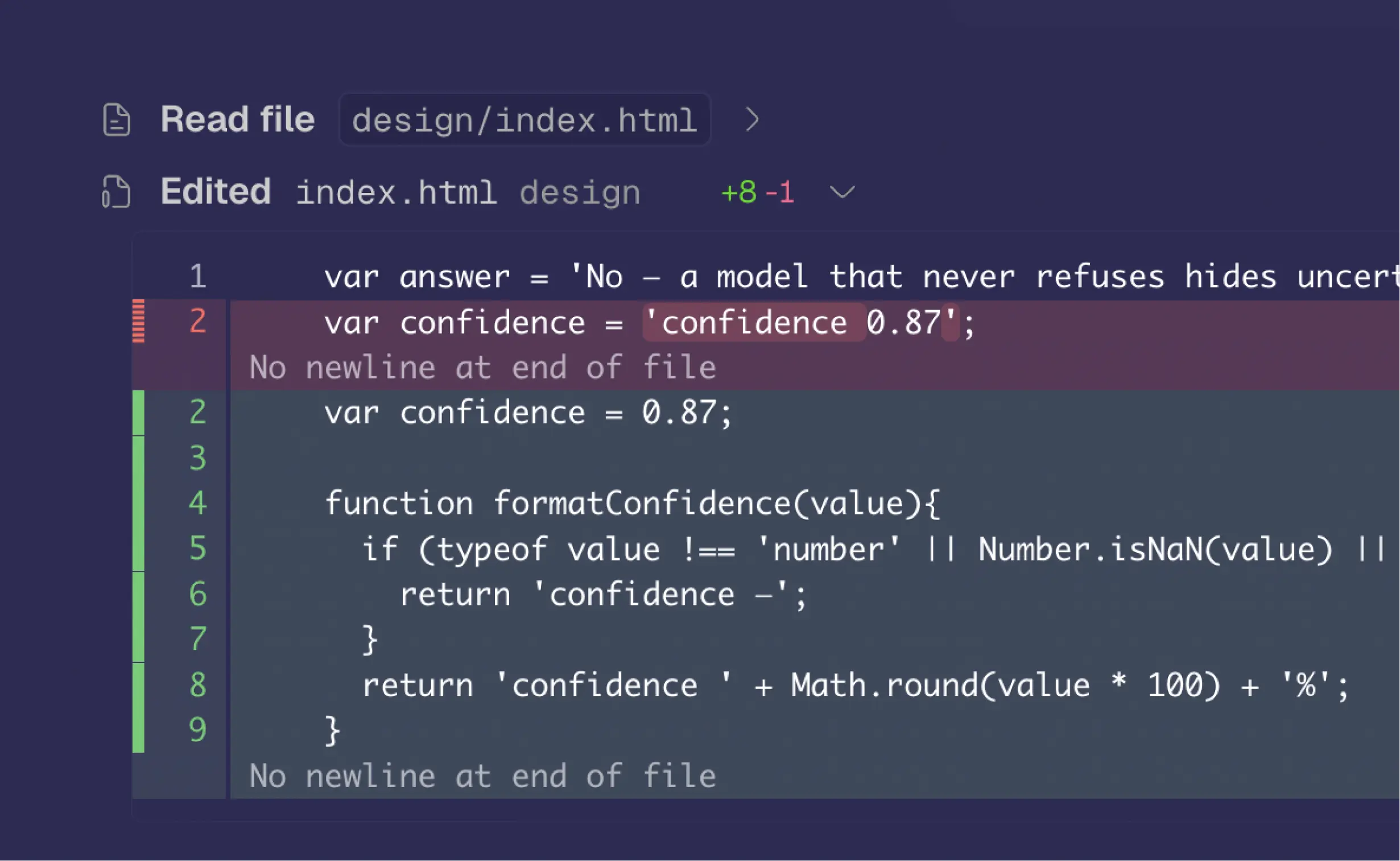 Inline diff review of an agent-proposed change
