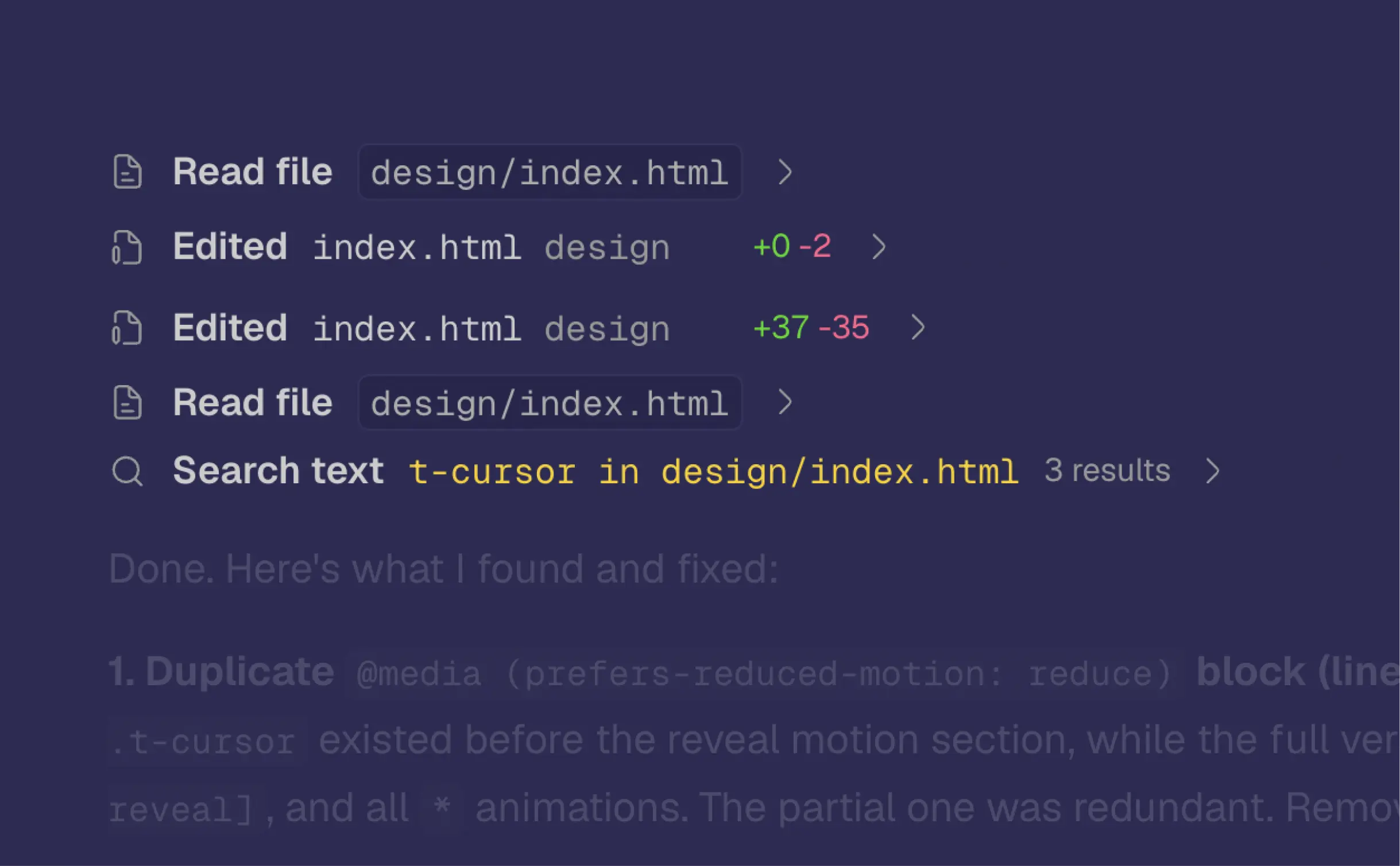 Streaming tool call feed showing reads, edits, and shell runs